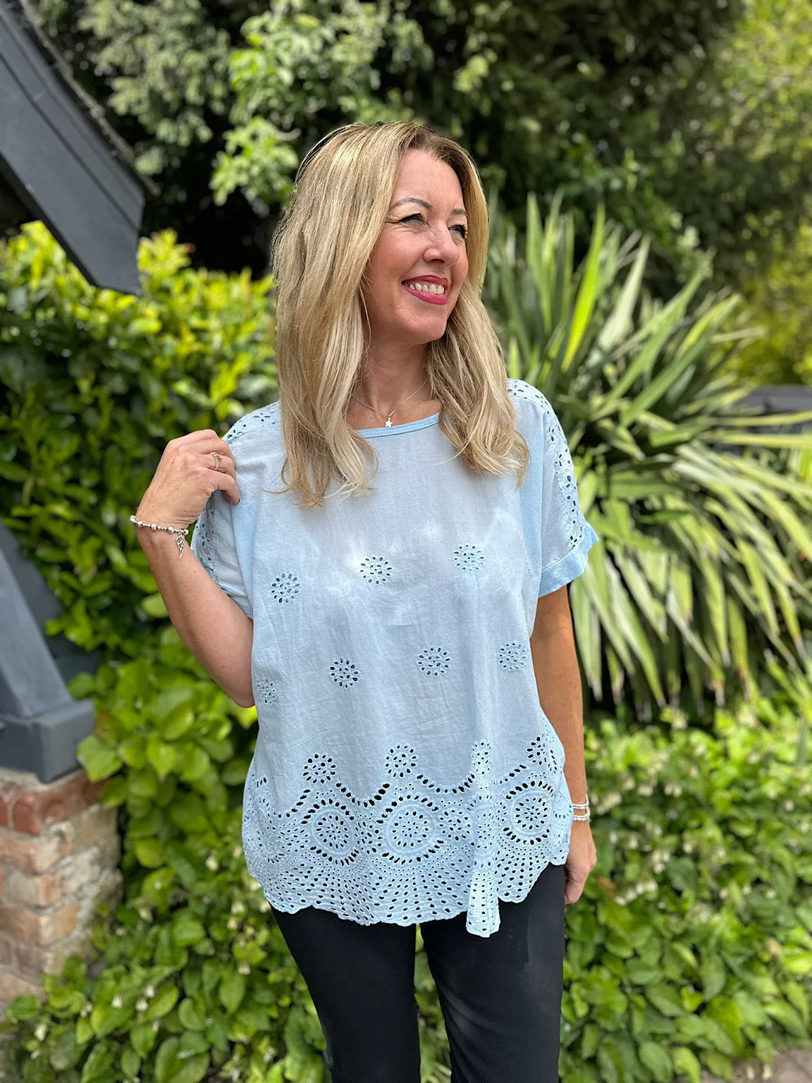 Light Blue Broderie Floral Round Neck Top Anna