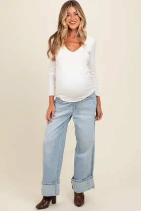 Light Blue Cuffed Relaxed Wide Leg Maternity Jeans