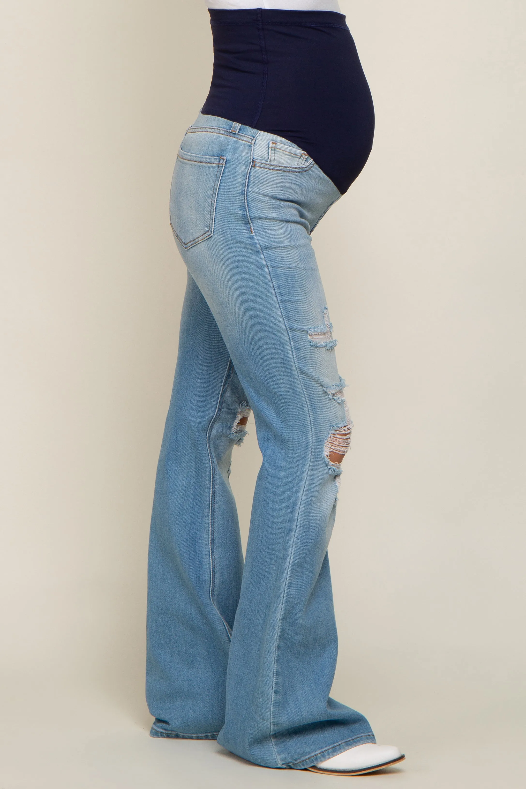 Light Blue Distressed Flare Maternity Jeans