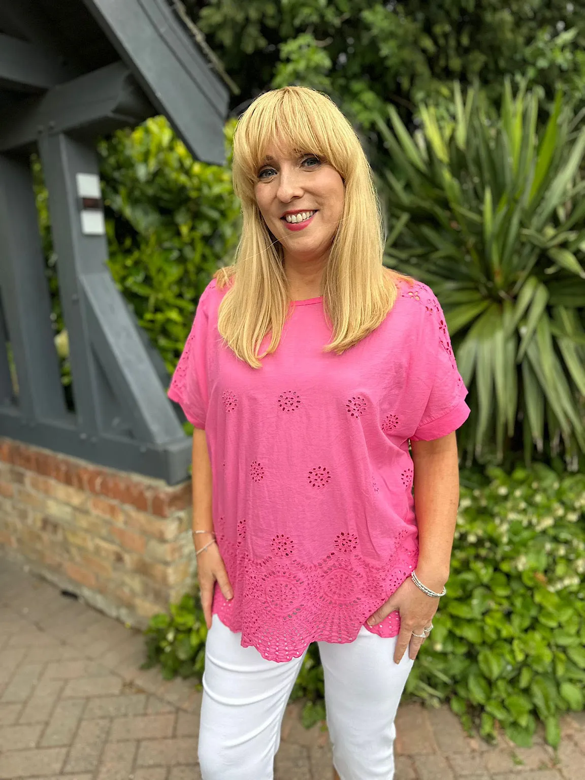 Lipstick Pink Broderie Floral Round Neck Top Anna