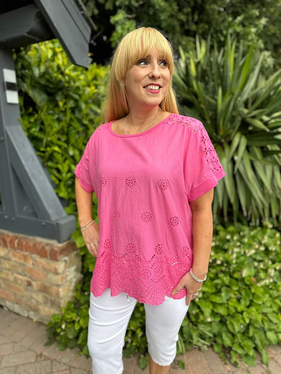 Lipstick Pink Broderie Floral Round Neck Top Anna