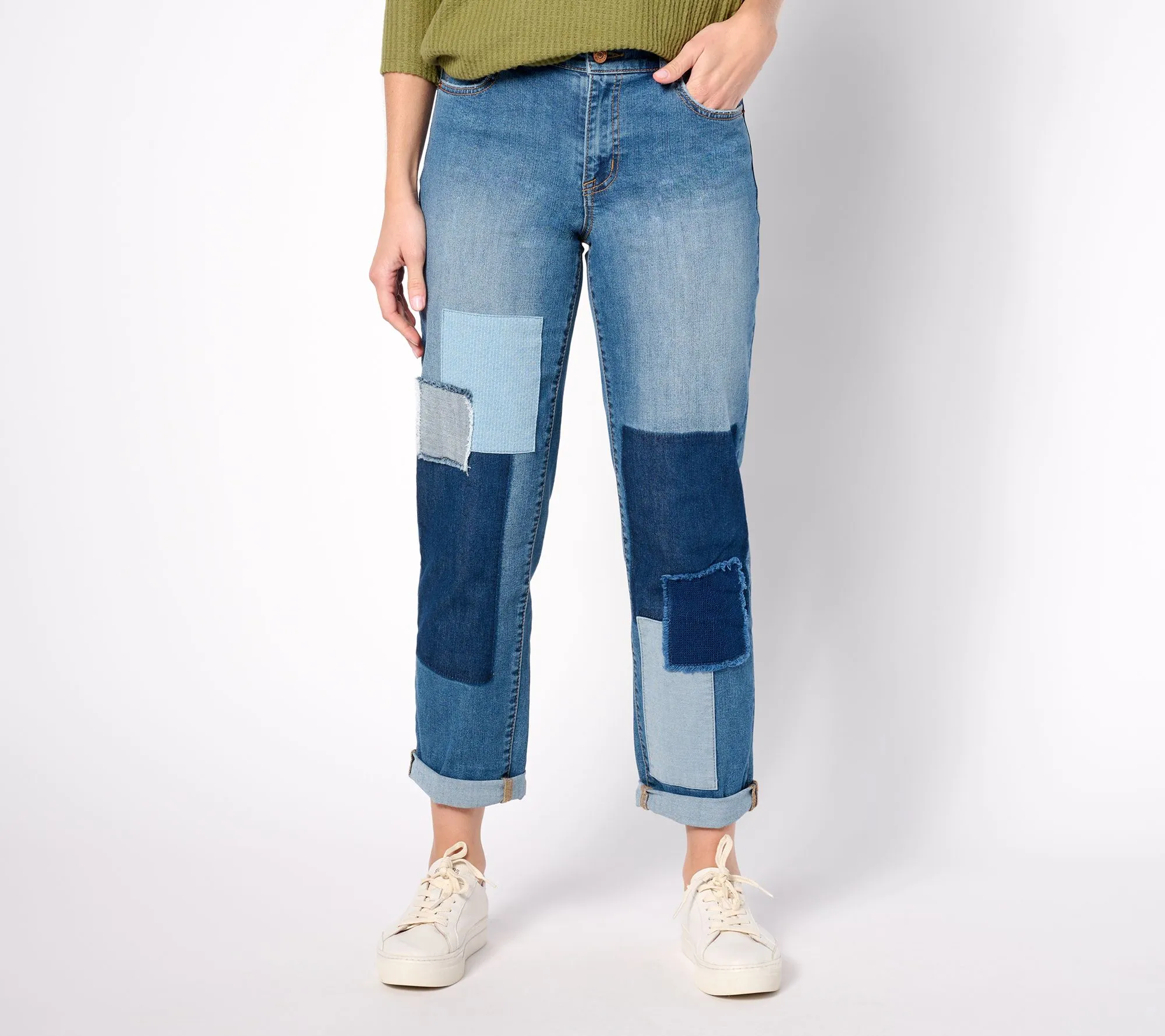 LOGO by Lori Goldstein Regular Patchwork Boyfriend Jeans