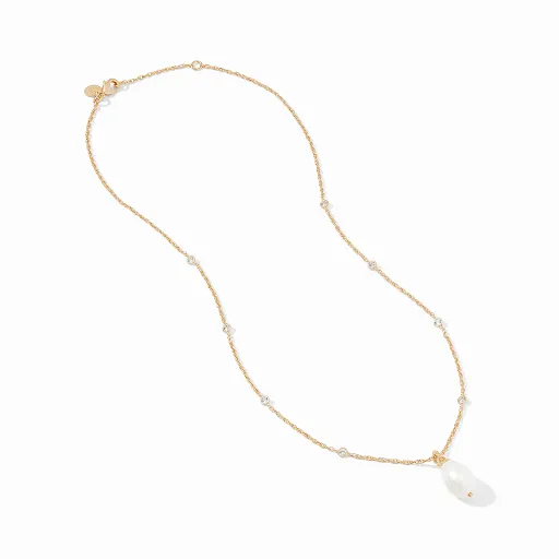 Marbella Solitaire Necklace Gold Freshwater Pearl and Cubic Zirconia by Julie Vos