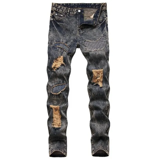 Men's Hip Hop Punk Denim Designer Hole Ripped Streetwear Jeans Pants