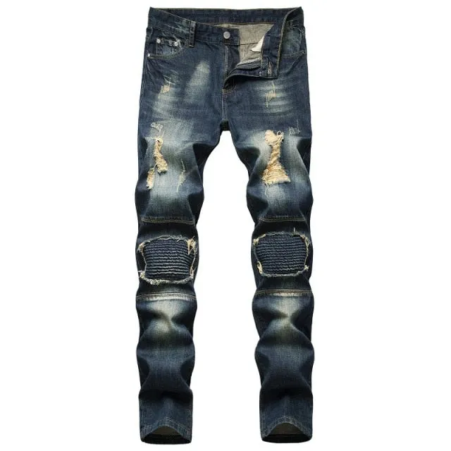 Men's Hip Hop Punk Denim Designer Hole Ripped Streetwear Jeans Pants