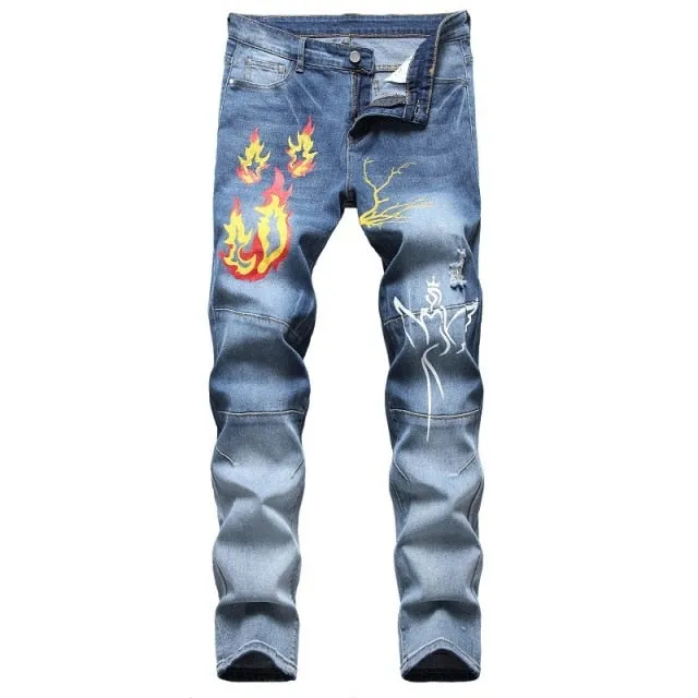 Men's Hip Hop Punk Denim Designer Hole Ripped Streetwear Jeans Pants