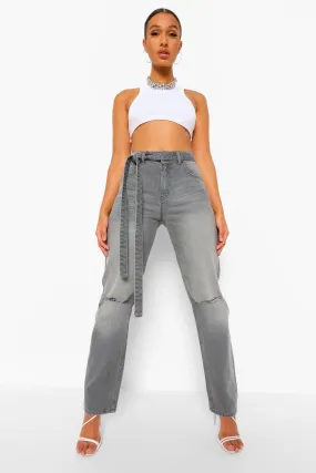 Mid Rise Busted Knee Boyfriend Jeans With Belt