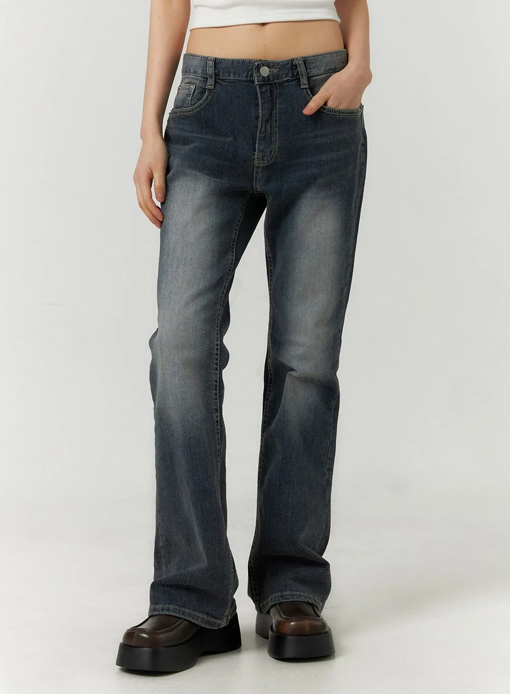 Mid Waist Zipper Flared Jeans CF406