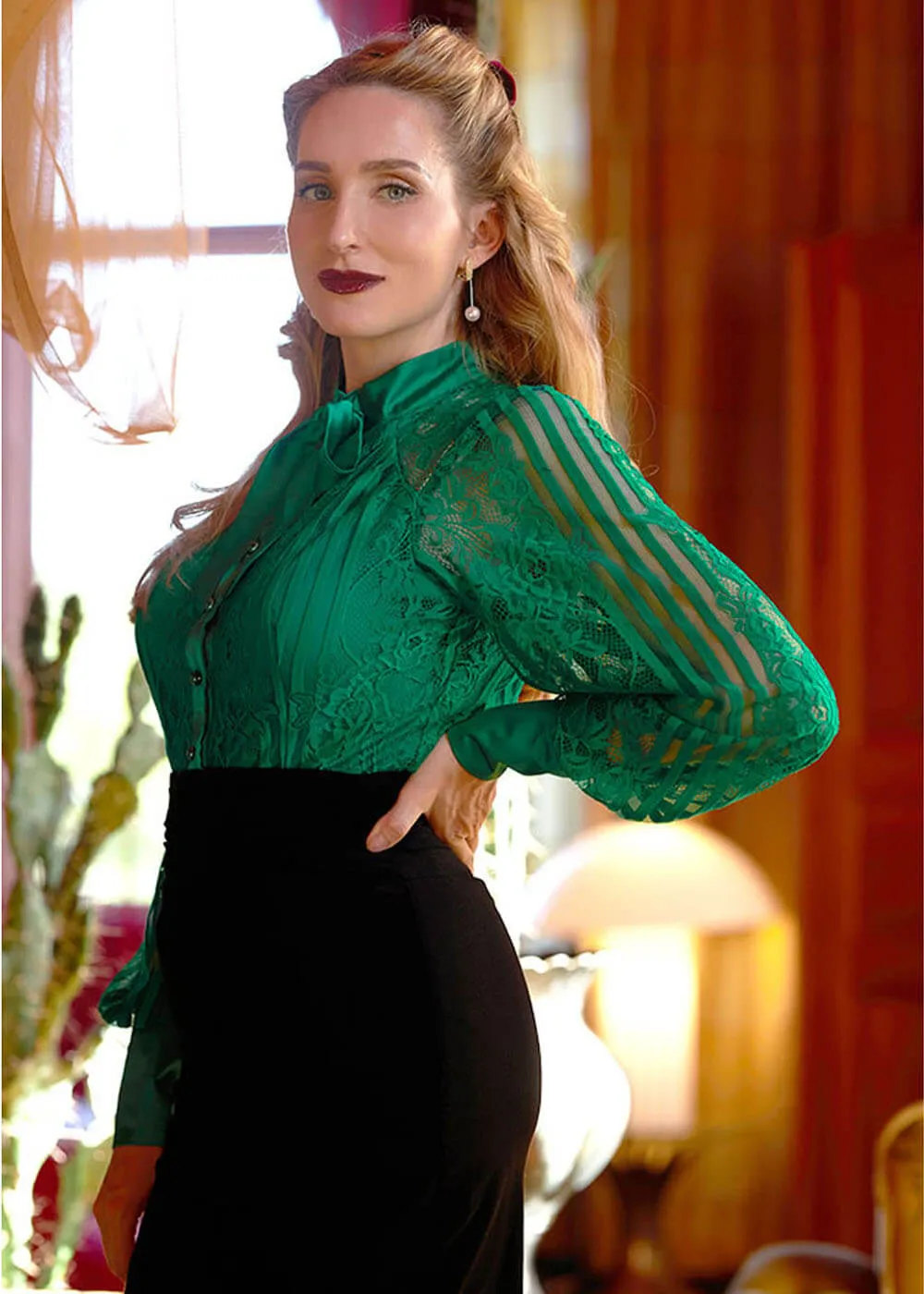 Miss Candyfloss Irina Jade Lace 40's Blouse Green