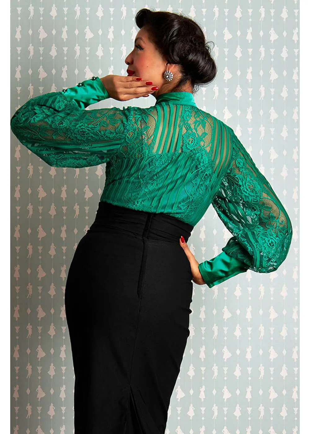 Miss Candyfloss Irina Jade Lace 40's Blouse Green