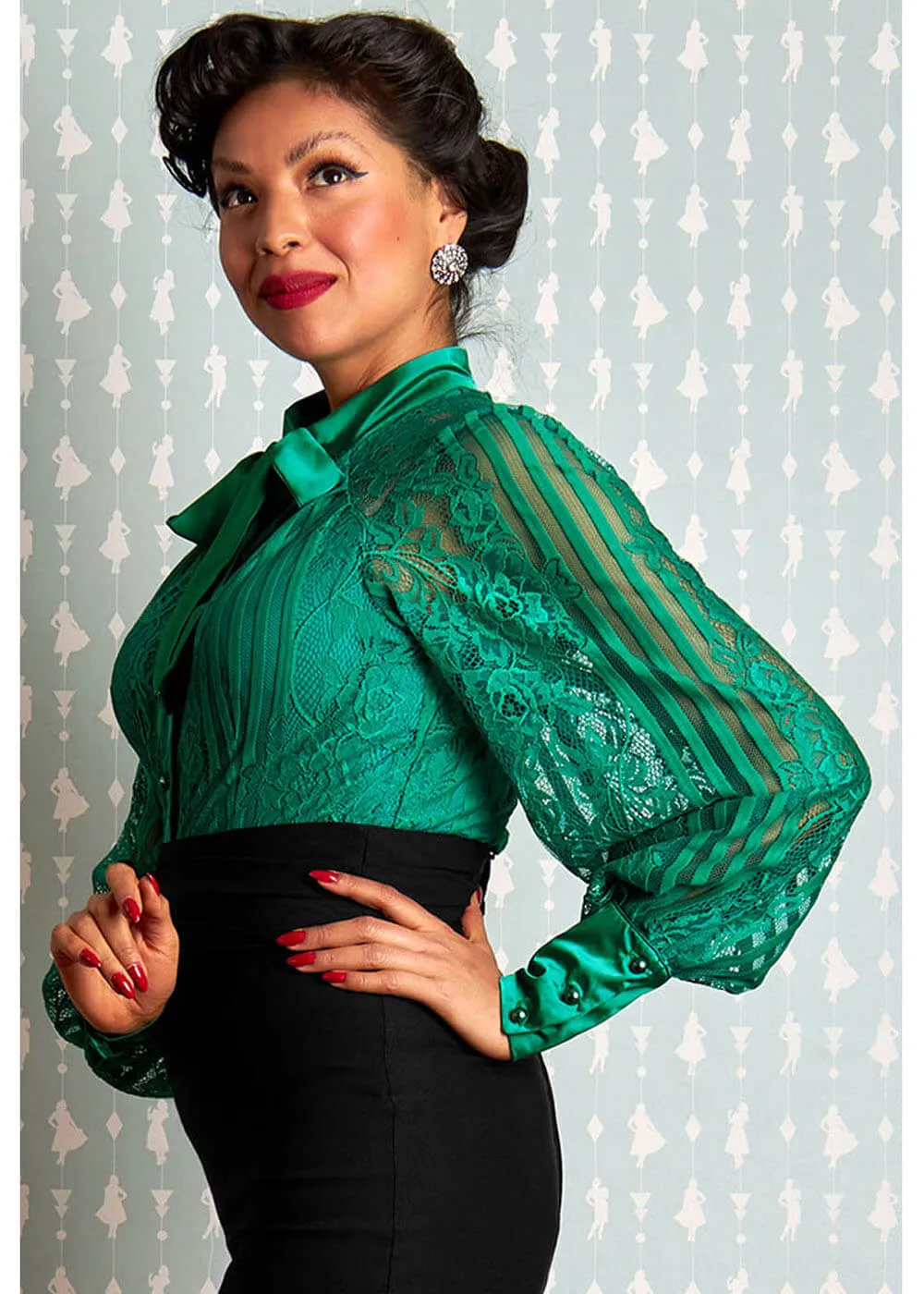 Miss Candyfloss Irina Jade Lace 40's Blouse Green