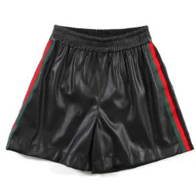 Monnalisa Black Faux Leather Shorts With Red And Green Bands