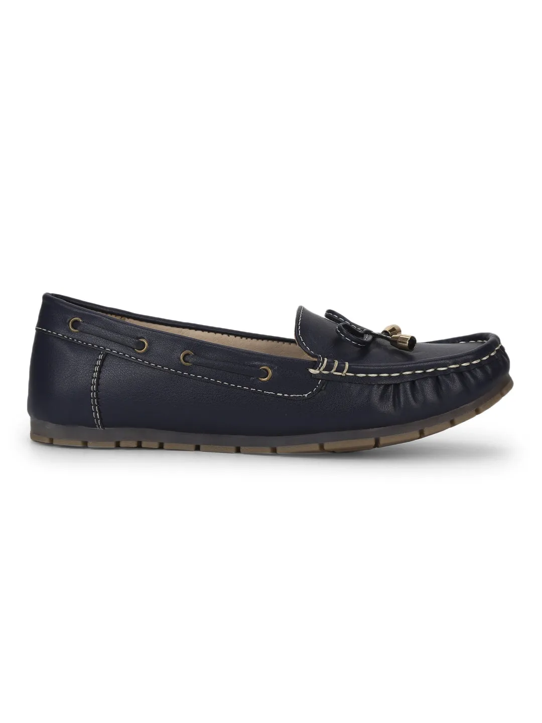 Navy Blue PU Loafers With Bow