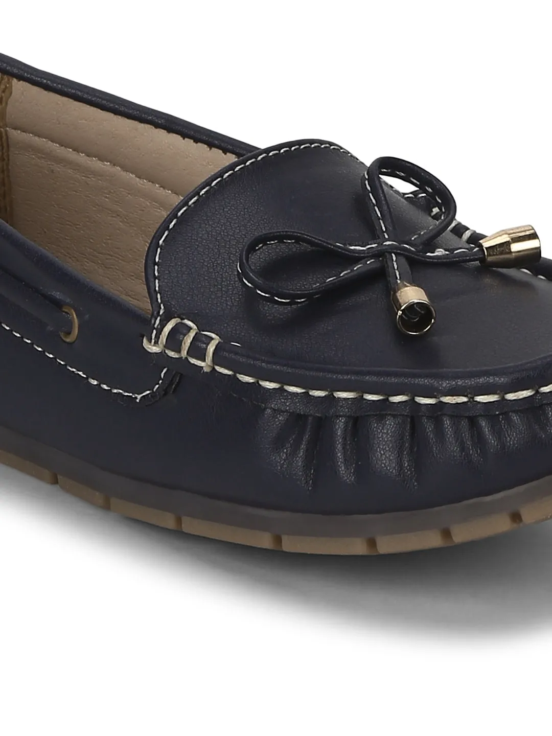 Navy Blue PU Loafers With Bow