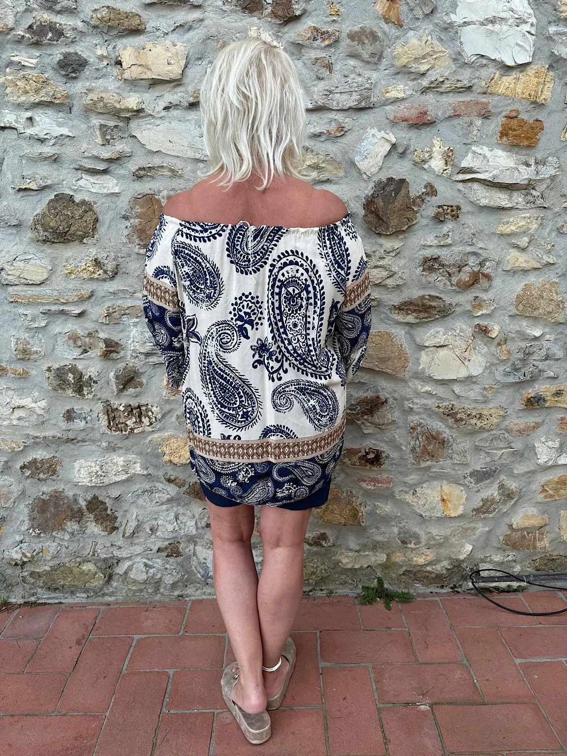 Navy Paisley Bardot Tassel Blouse Maria