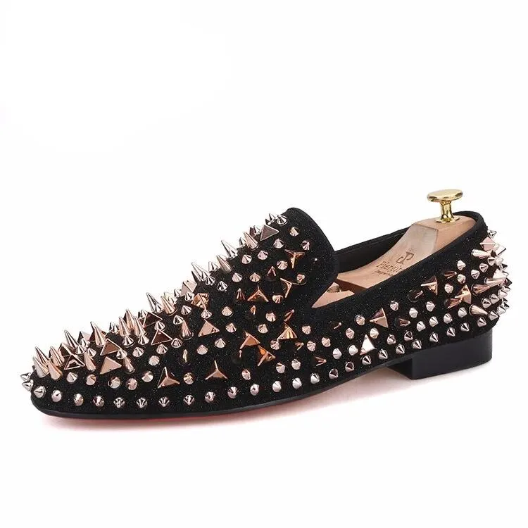 OneDrop Handmade Men Rose Gold Spiked Black Cow Leather Red Bottom Party Wedding Prom Loafers