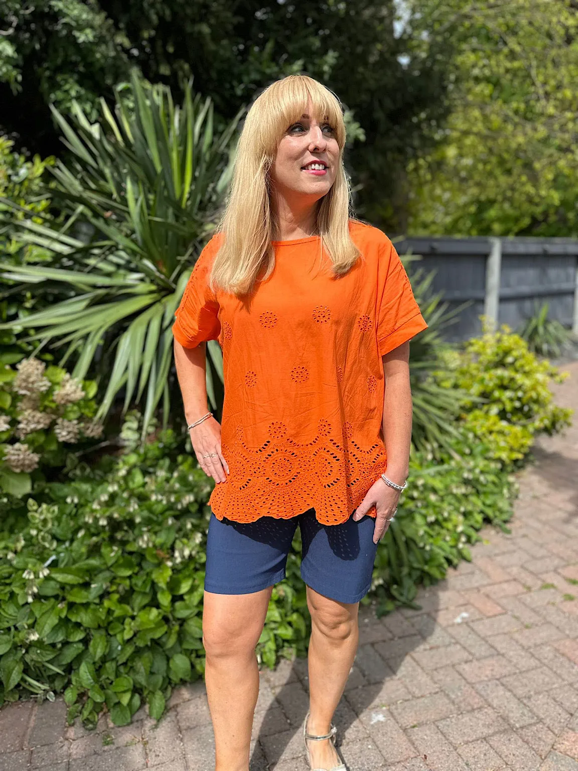 Orange Broderie Floral Round Neck Top Anna