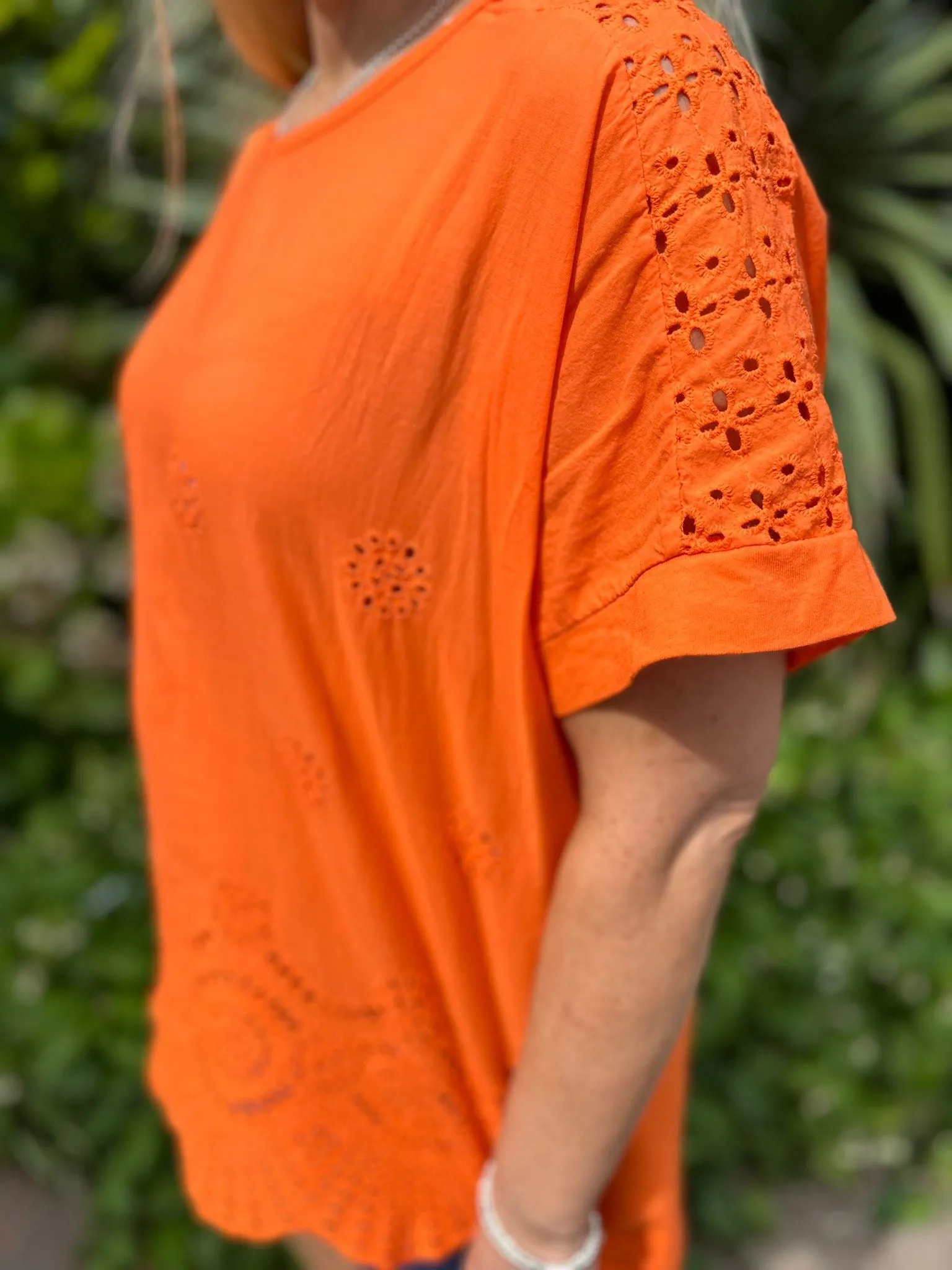 Orange Broderie Floral Round Neck Top Anna