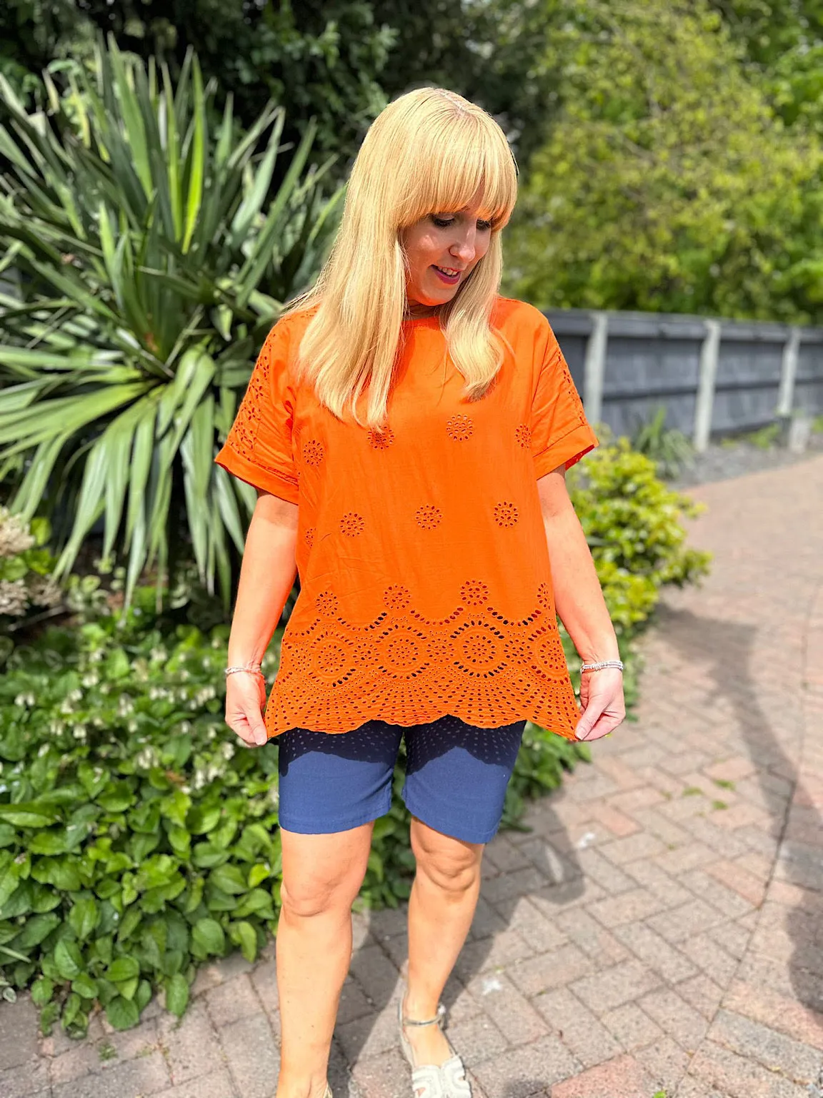 Orange Broderie Floral Round Neck Top Anna