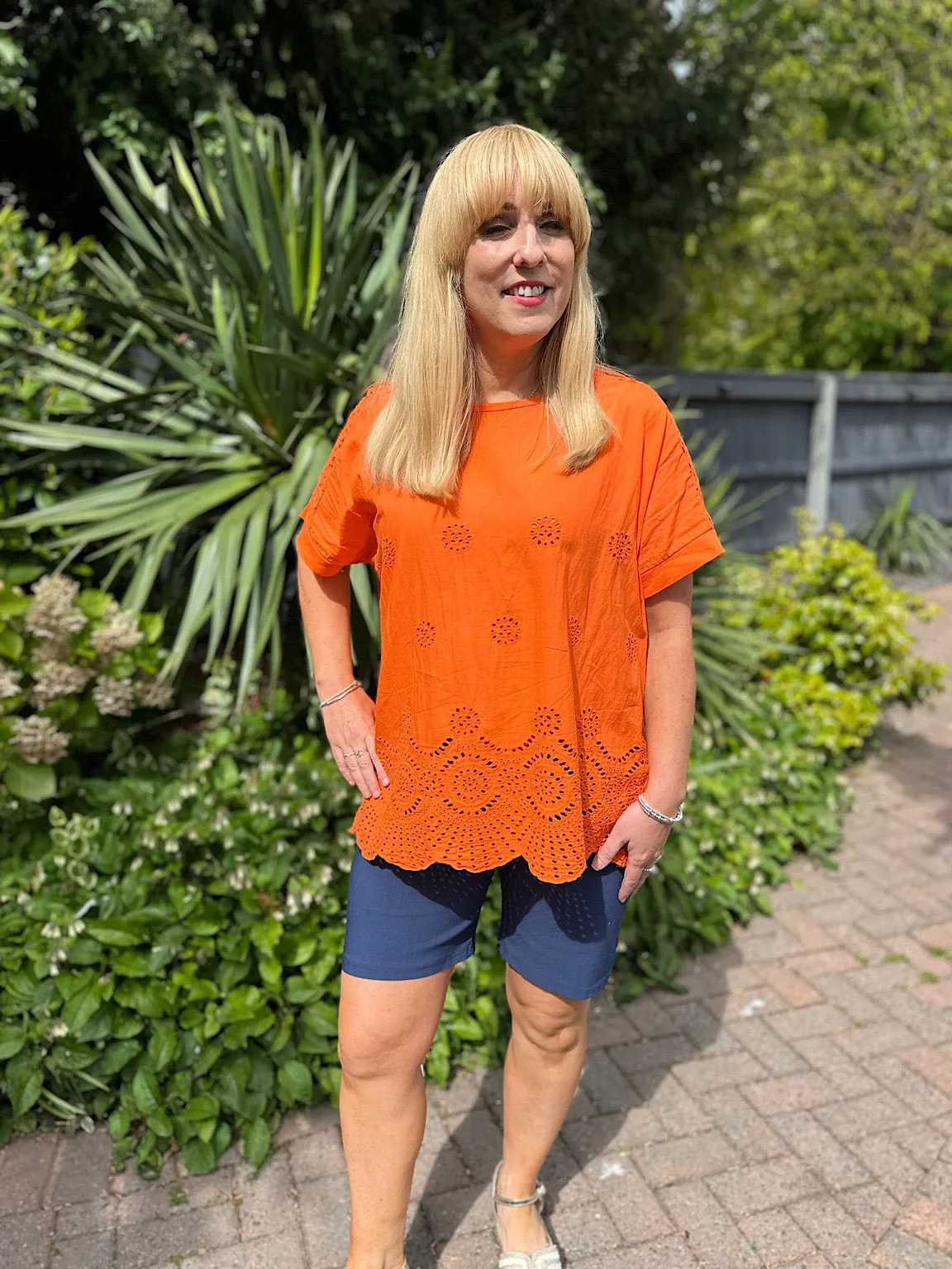 Orange Broderie Floral Round Neck Top Anna