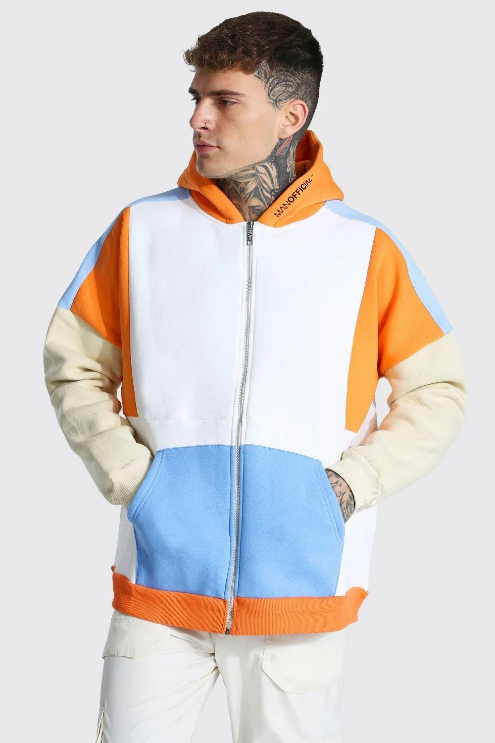 Oversized Man Zip Through Colour Block Hoodie