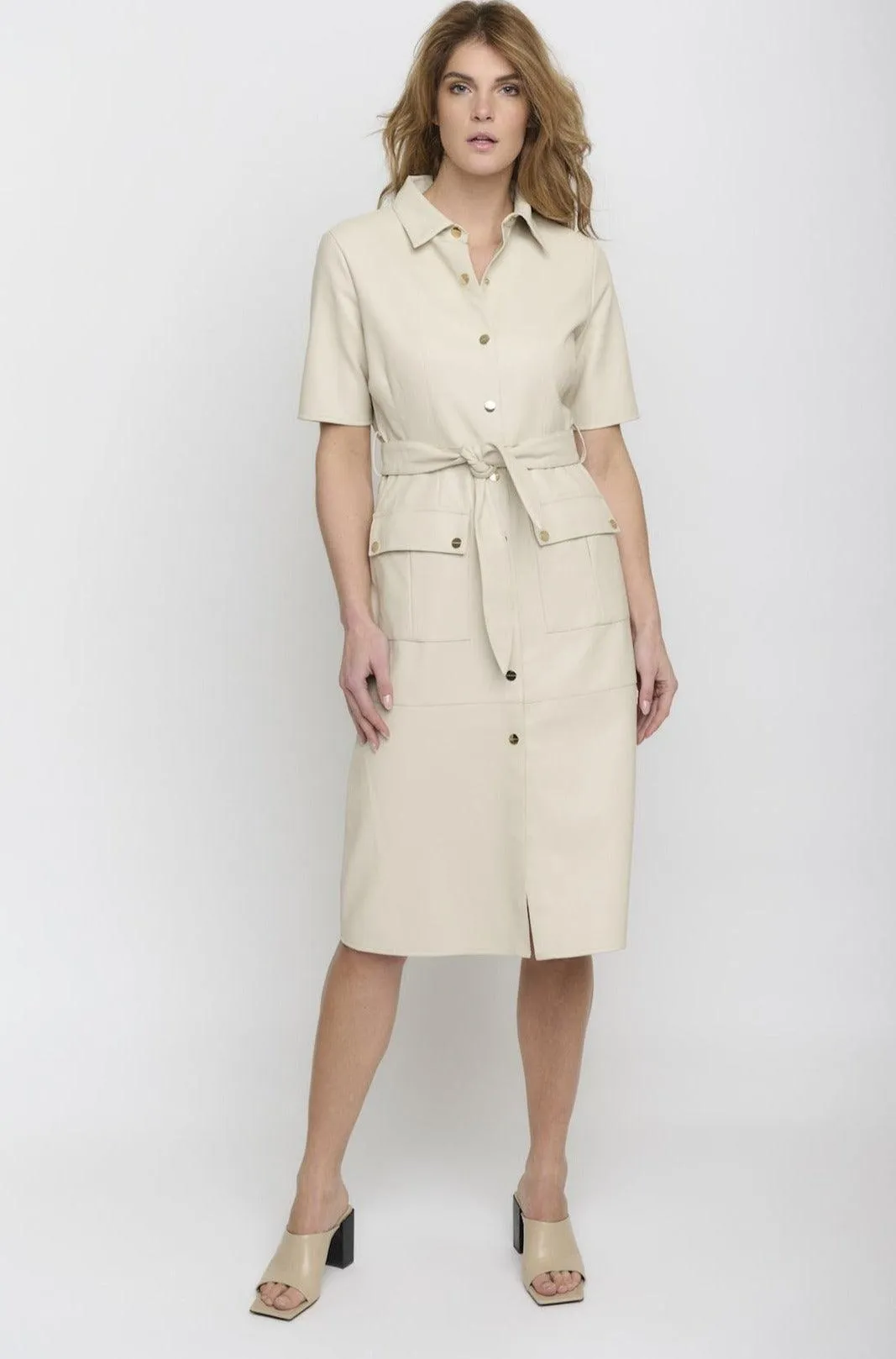 Pacey Faux Leather Shirt Dress in Almond Milk