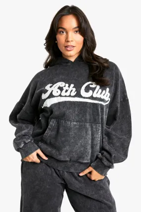 Plus Ath Club Slogan Applique Acid Wash Oversized Hoodie