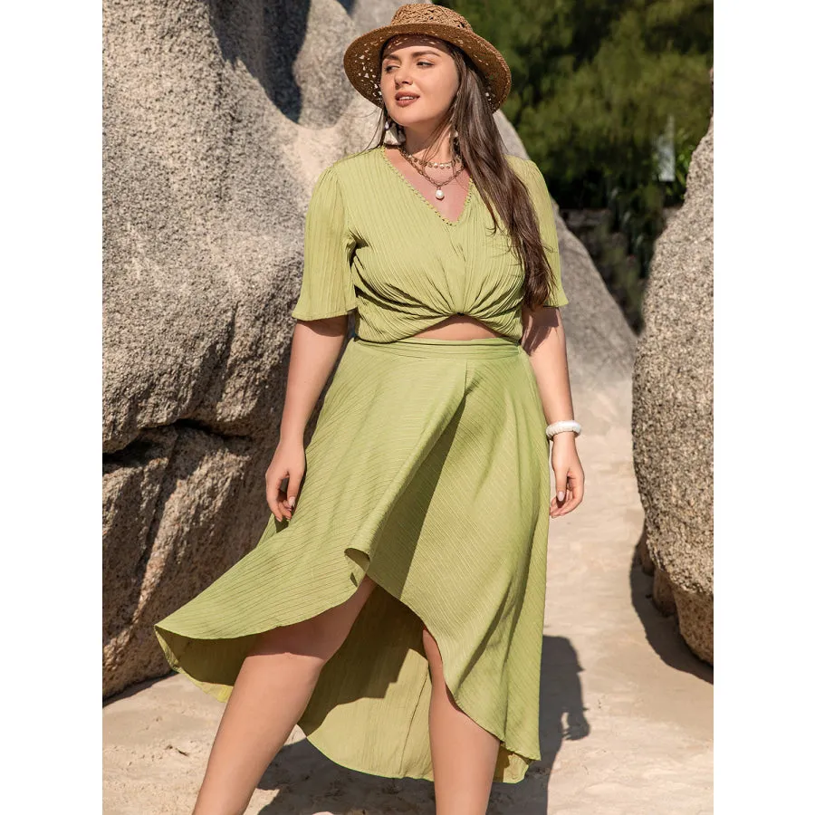 Plus Size V-Neck Half Sleeve Top and High-Low Skirt Set