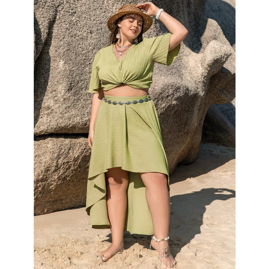 Plus Size V-Neck Half Sleeve Top and High-Low Skirt Set