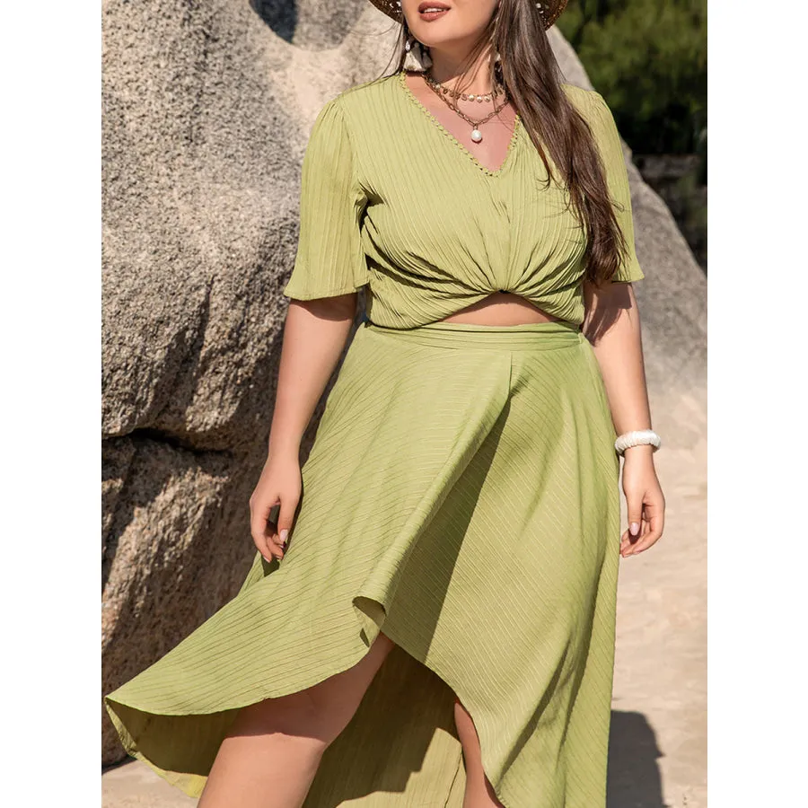 Plus Size V-Neck Half Sleeve Top and High-Low Skirt Set