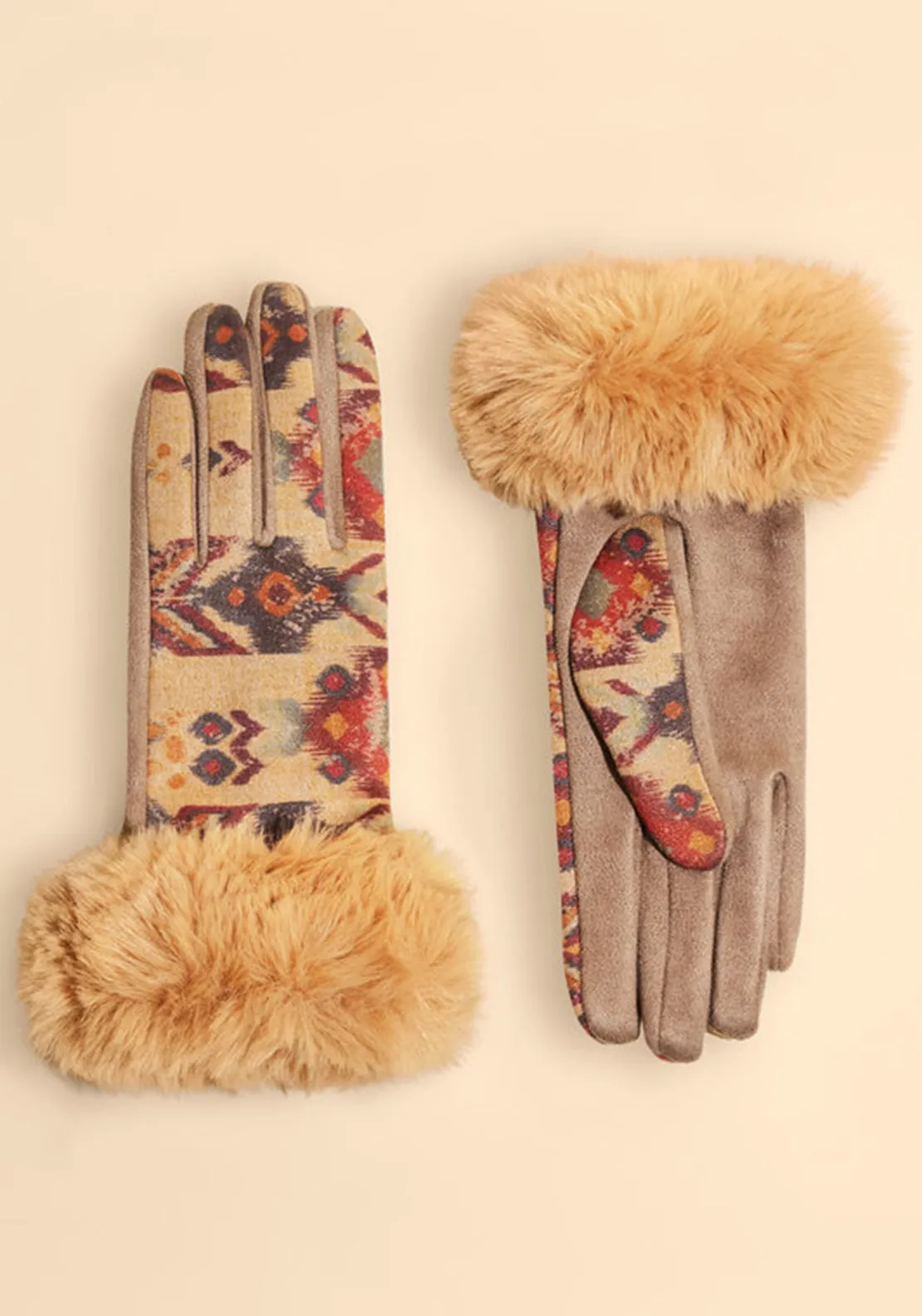 Powder Bernadette Printed Faux Fur Gloves, Brown Multi