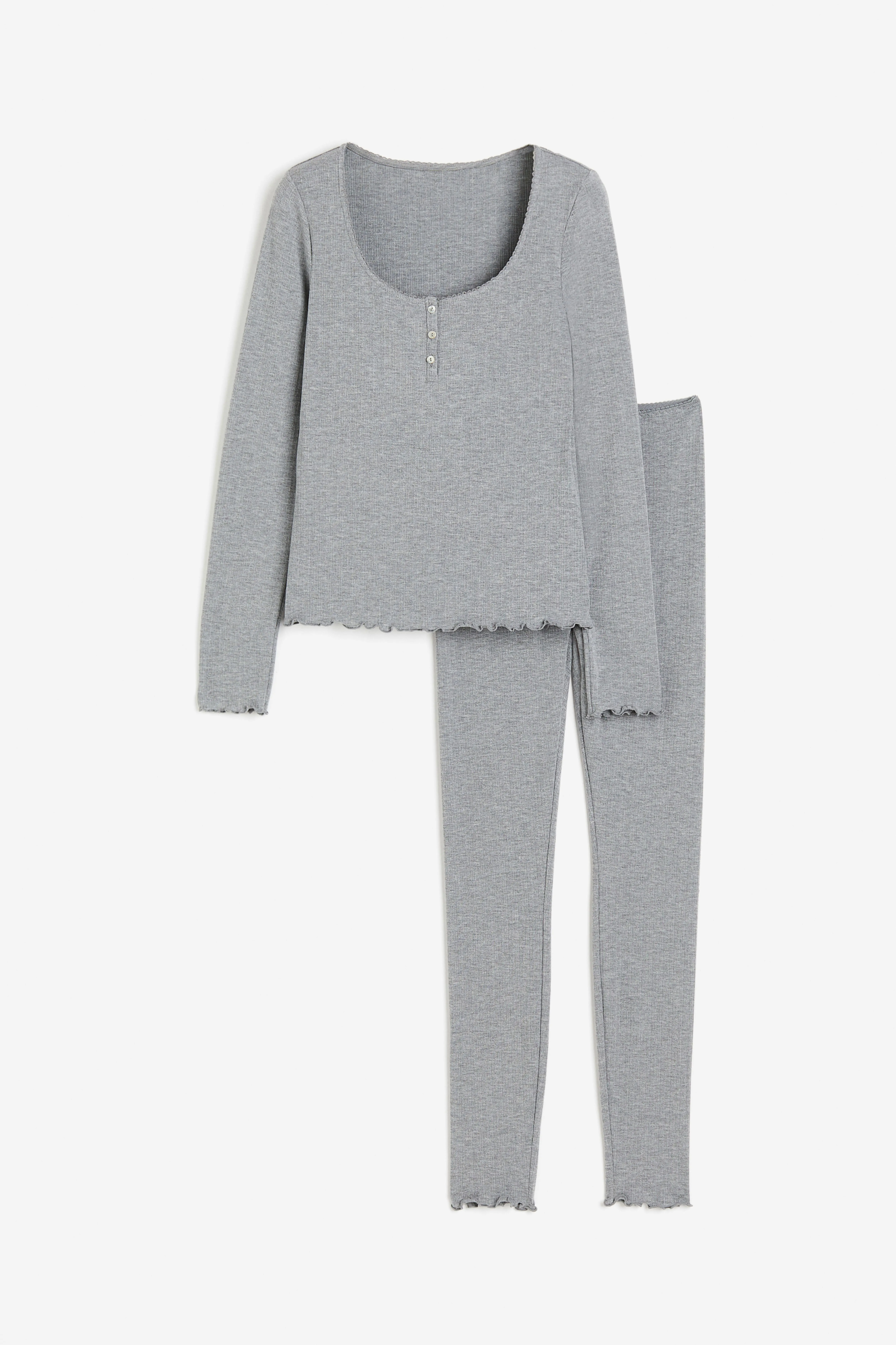 Pyjama top and bottoms - High waist - Deep neckline - Grey marl - Ladies | H&M GB