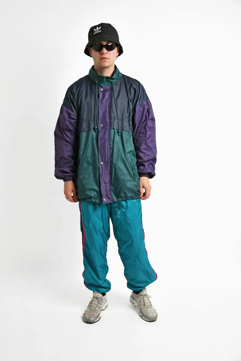 Retro hooded rain coat green purple