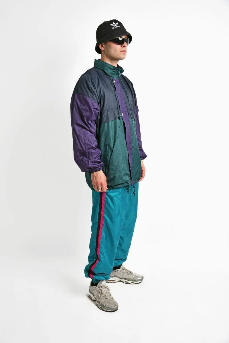 Retro hooded rain coat green purple