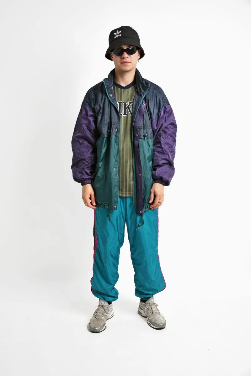 Retro hooded rain coat green purple