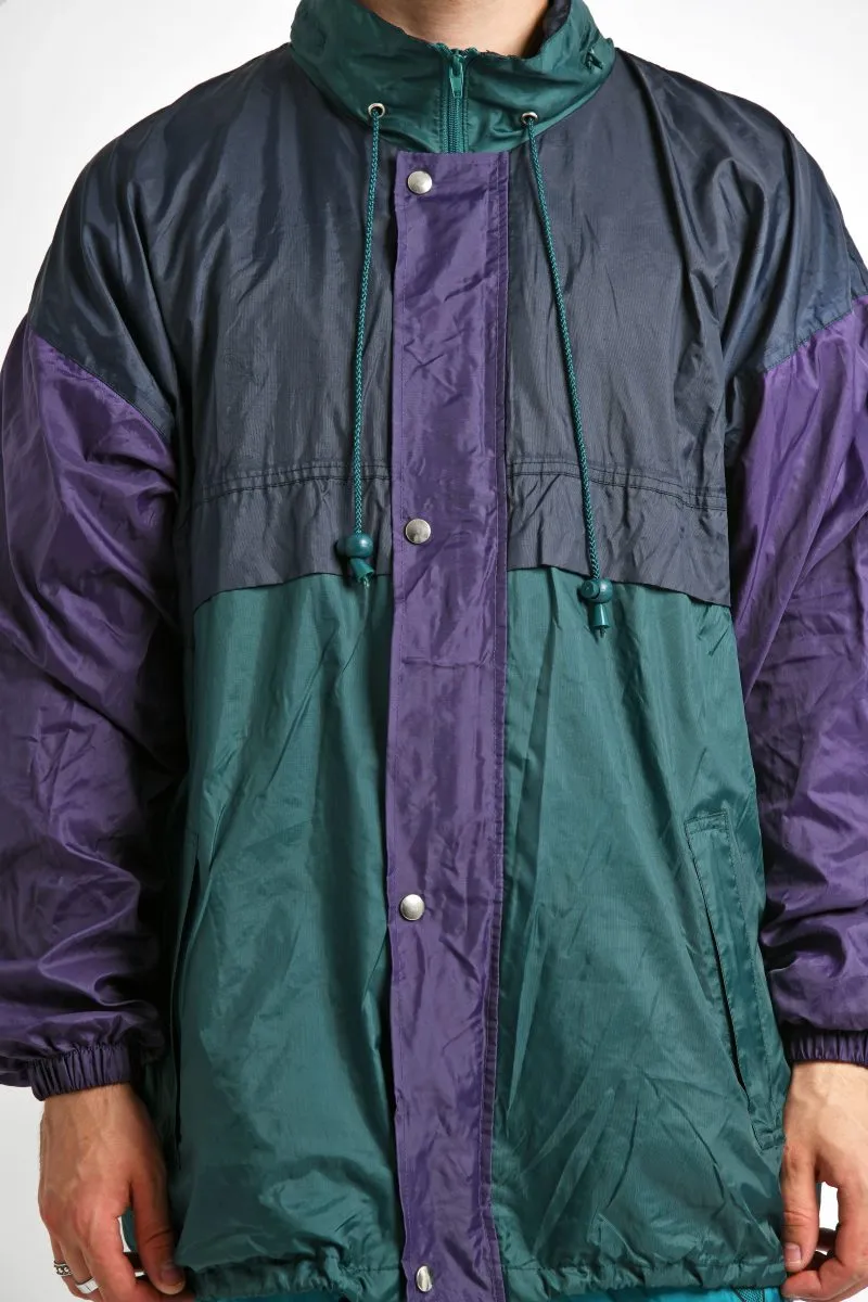 Retro hooded rain coat green purple