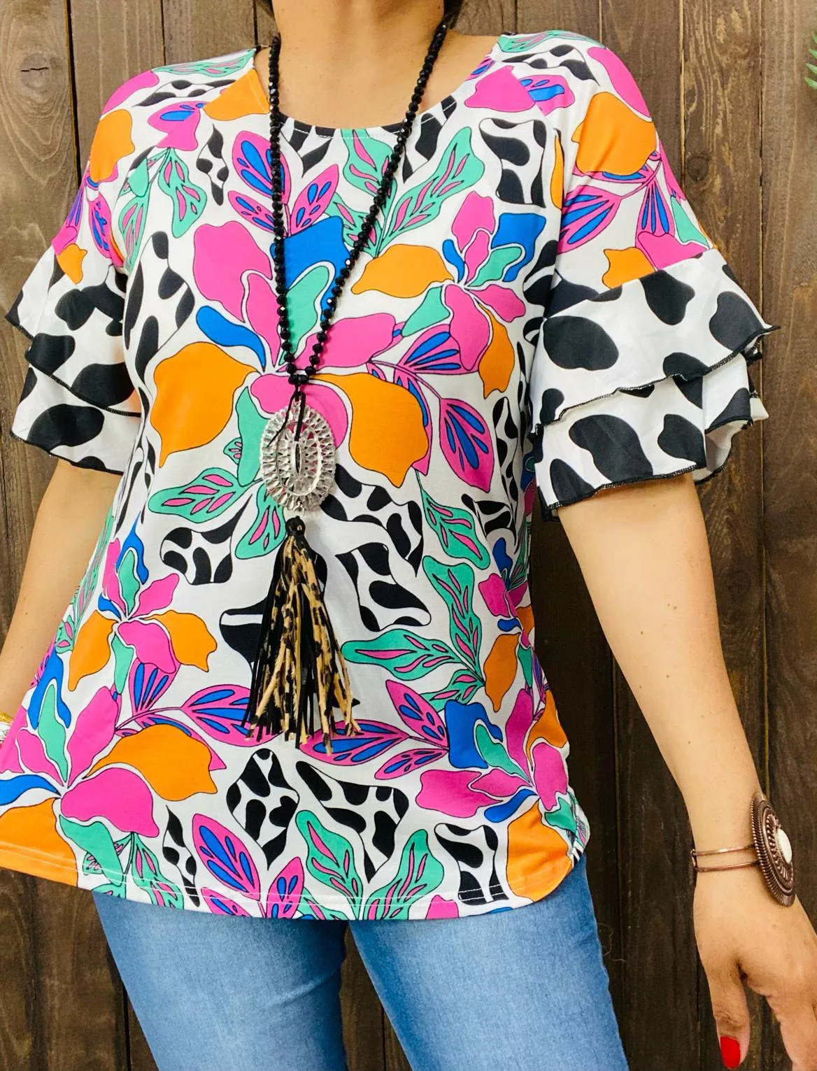 S, BEAUTIFUL Multi Print Bell Sleeve Blouse