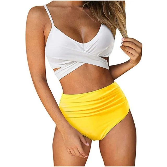 Solid Pattern Sexy and Club Styled Padded High Waist Bikini Set for Women