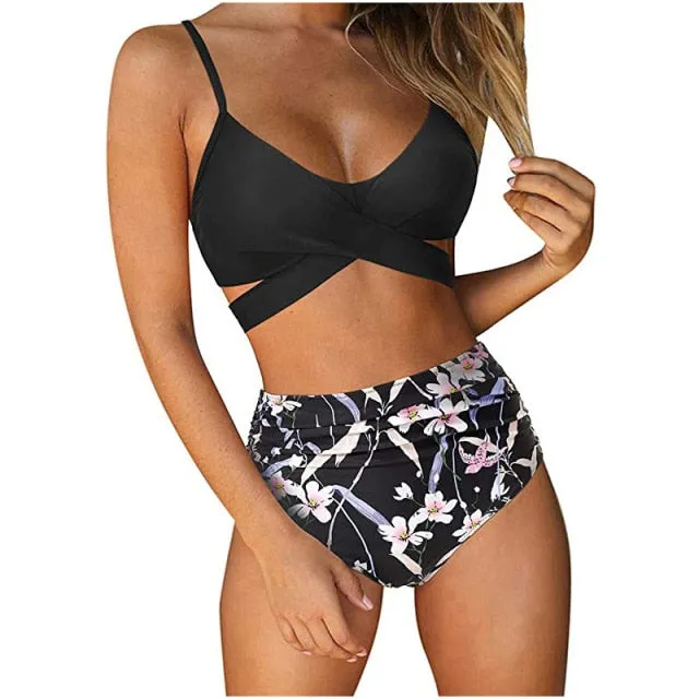 Solid Pattern Sexy and Club Styled Padded High Waist Bikini Set for Women