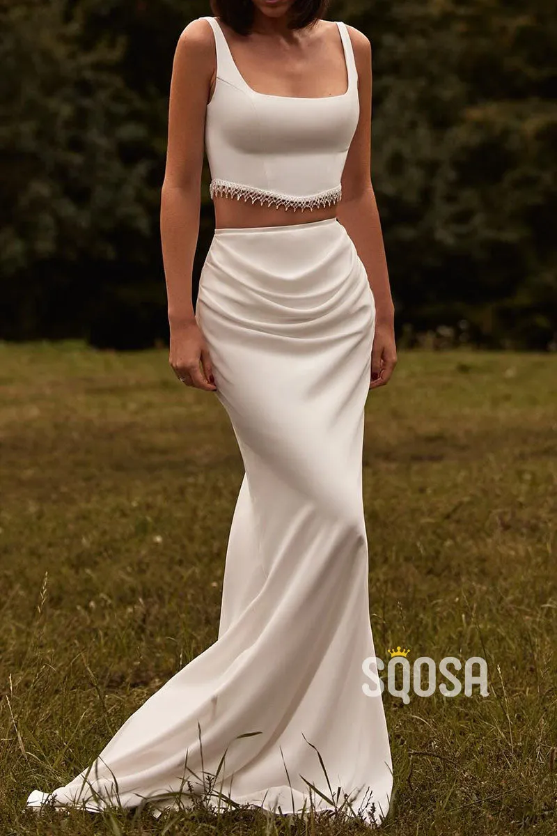 Square Spaghetti Straps Two-Piece Pleats With Train Cocktail Wedding Dress QW8180