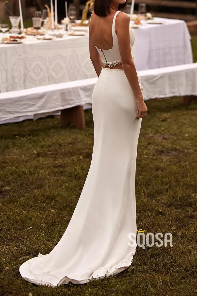 Square Spaghetti Straps Two-Piece Pleats With Train Cocktail Wedding Dress QW8180