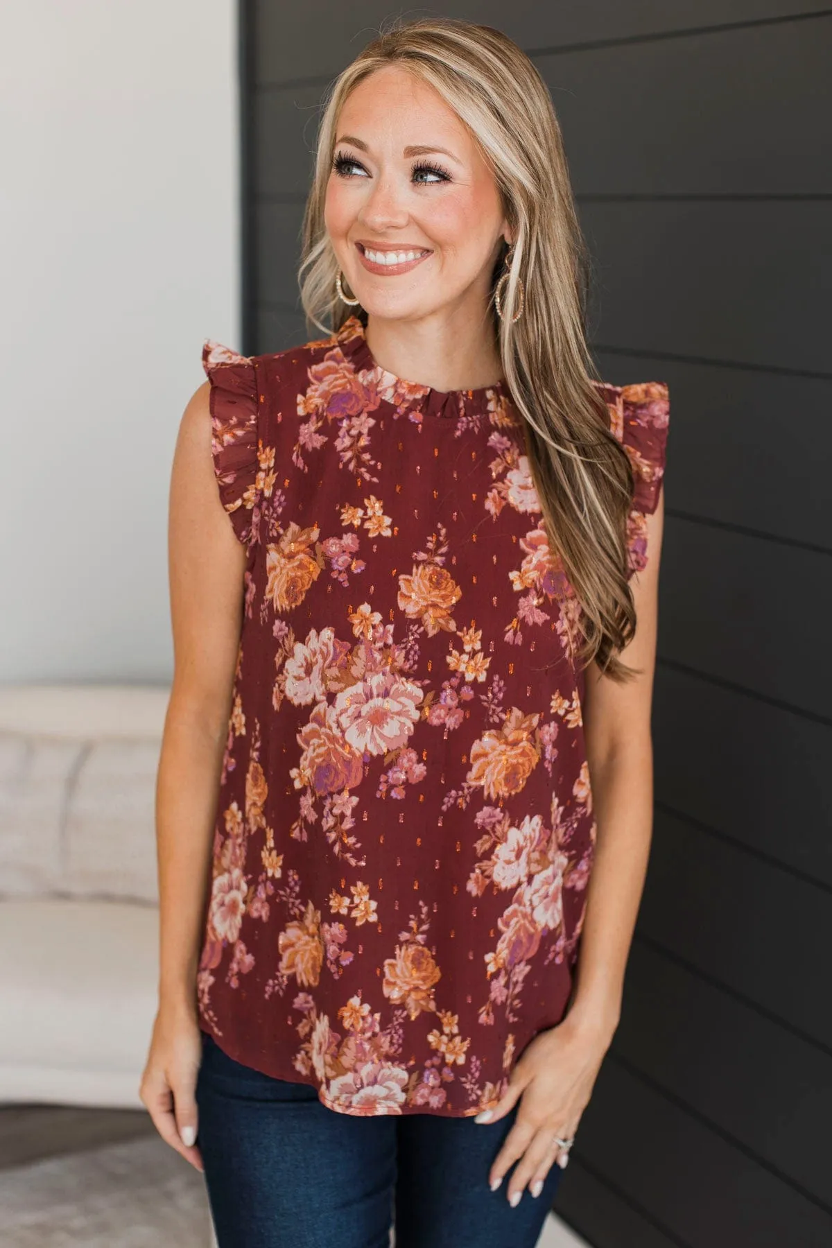 Talk All The Time Floral Blouse- Dark Marsala