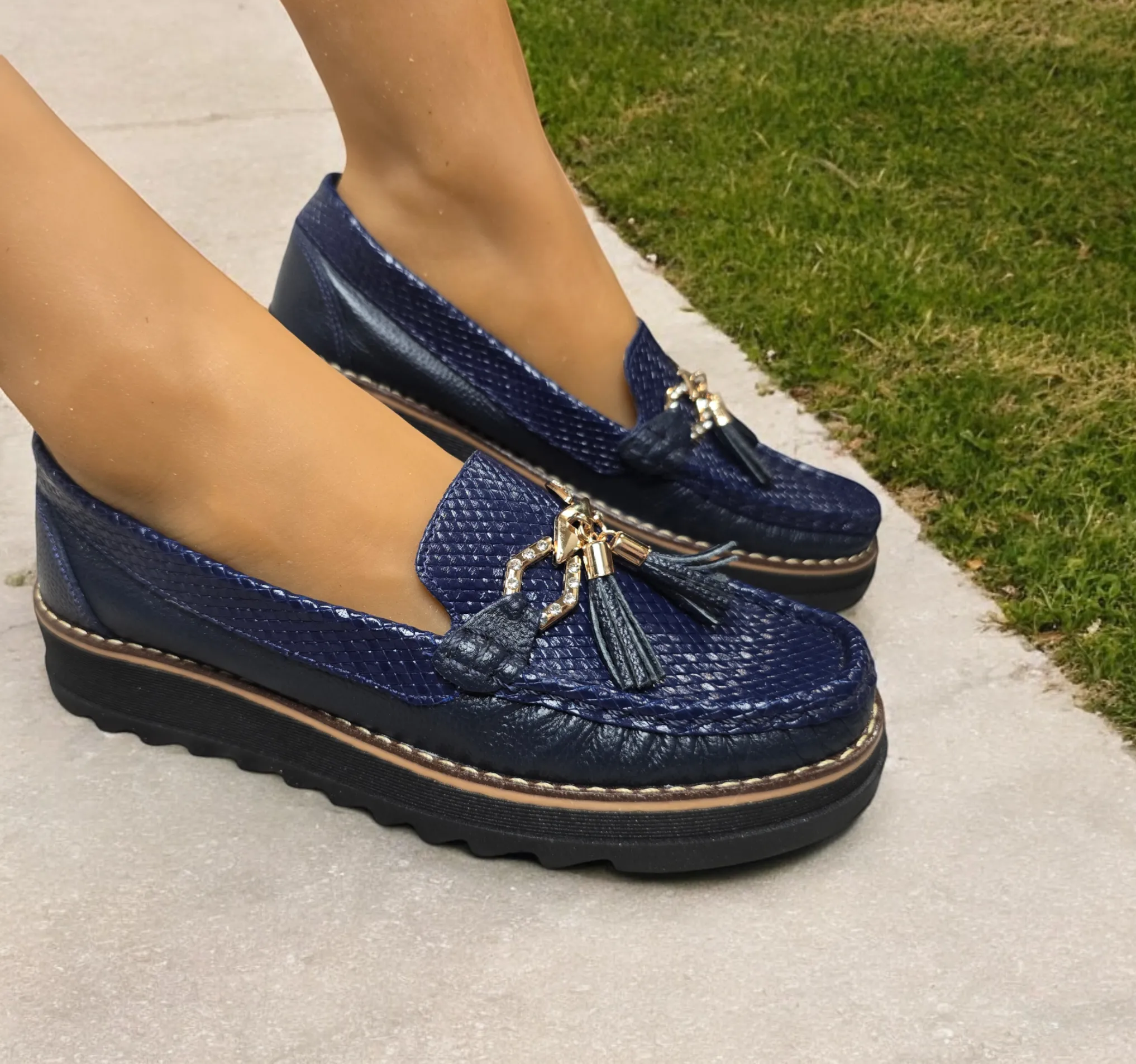 Textured Navy Tassel Loafers