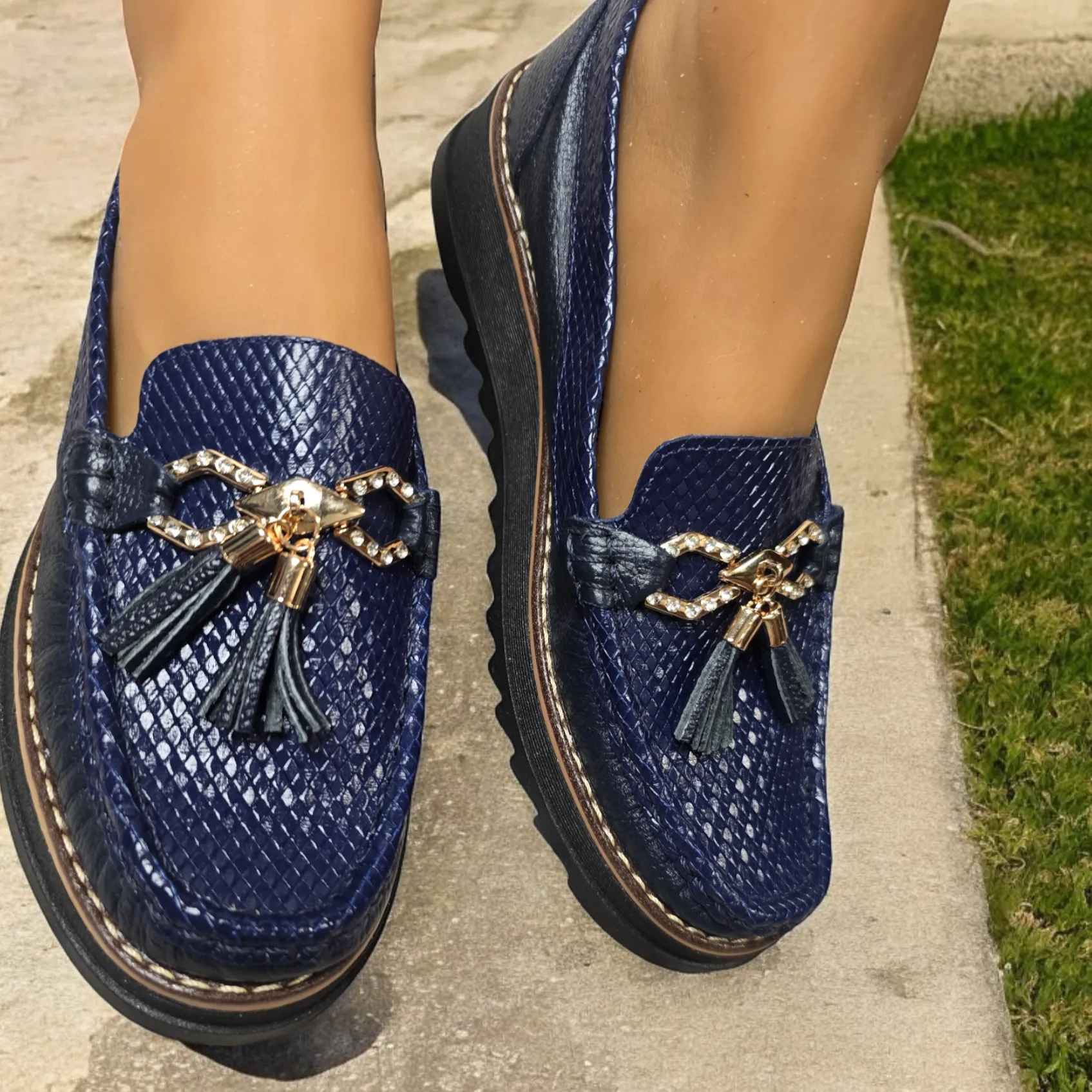 Textured Navy Tassel Loafers