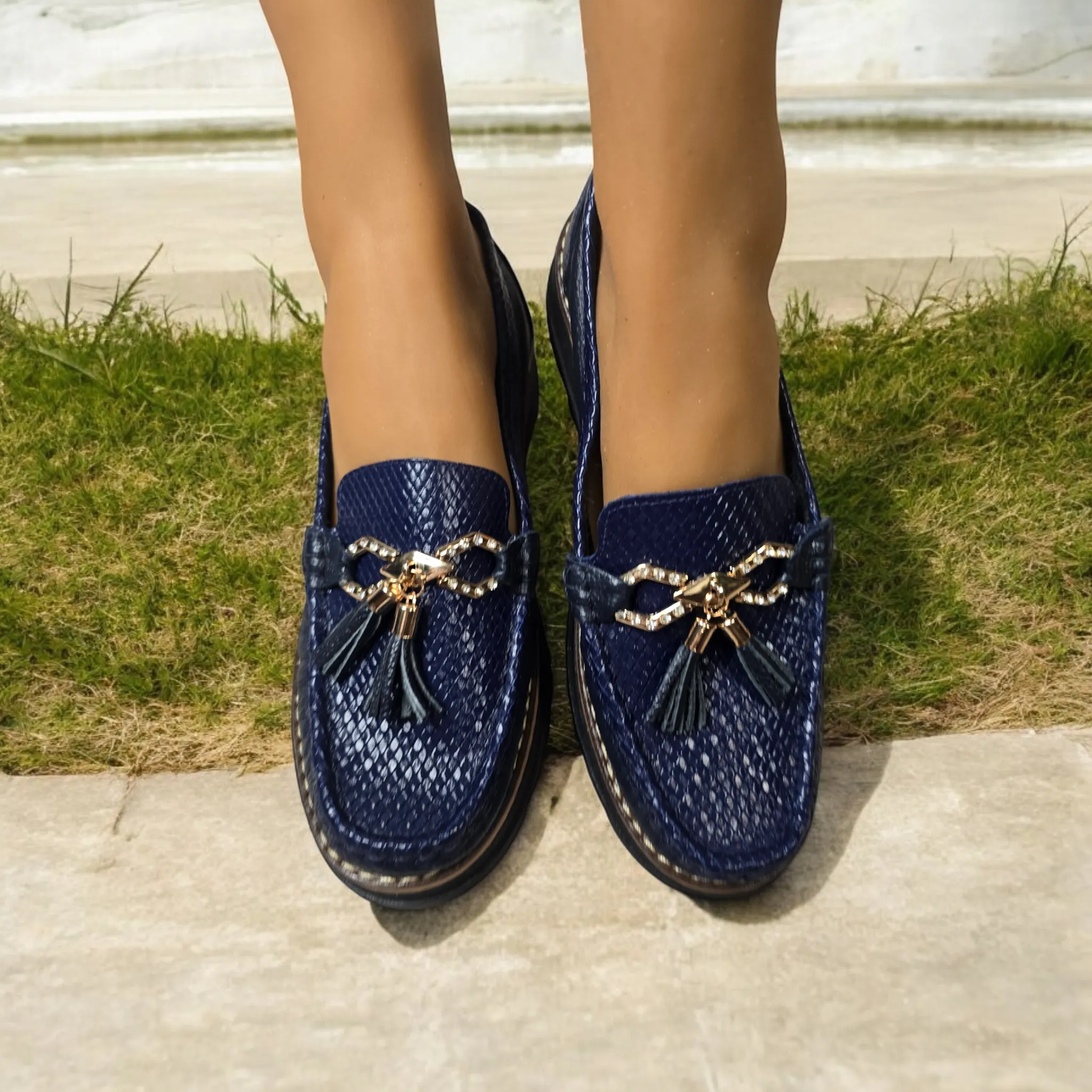 Textured Navy Tassel Loafers