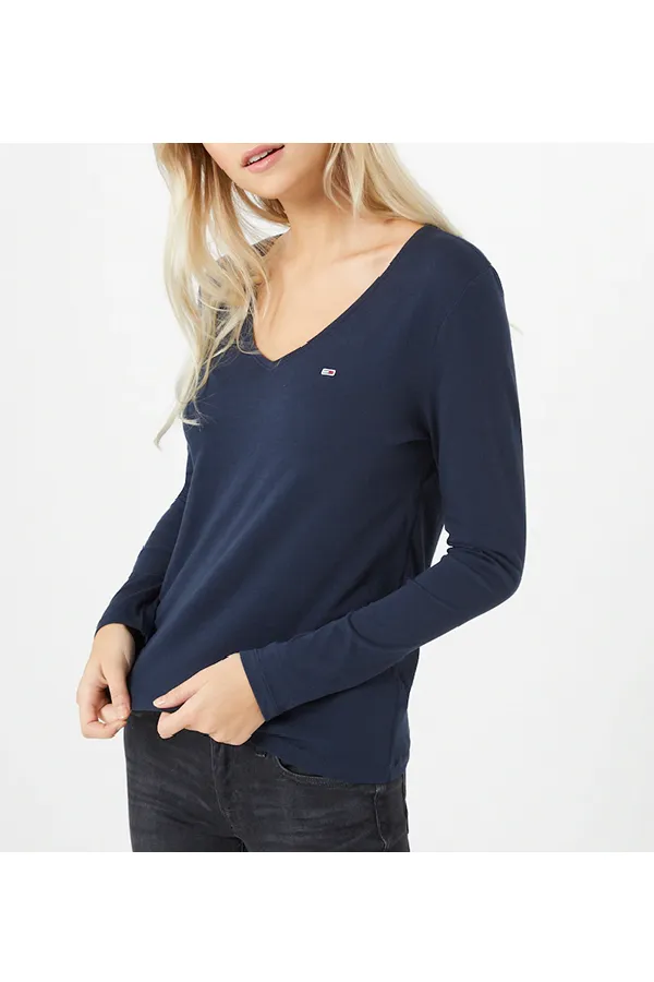 Tommy Hilfiger Women V-Neck L/S Organic Logo Tee Navy