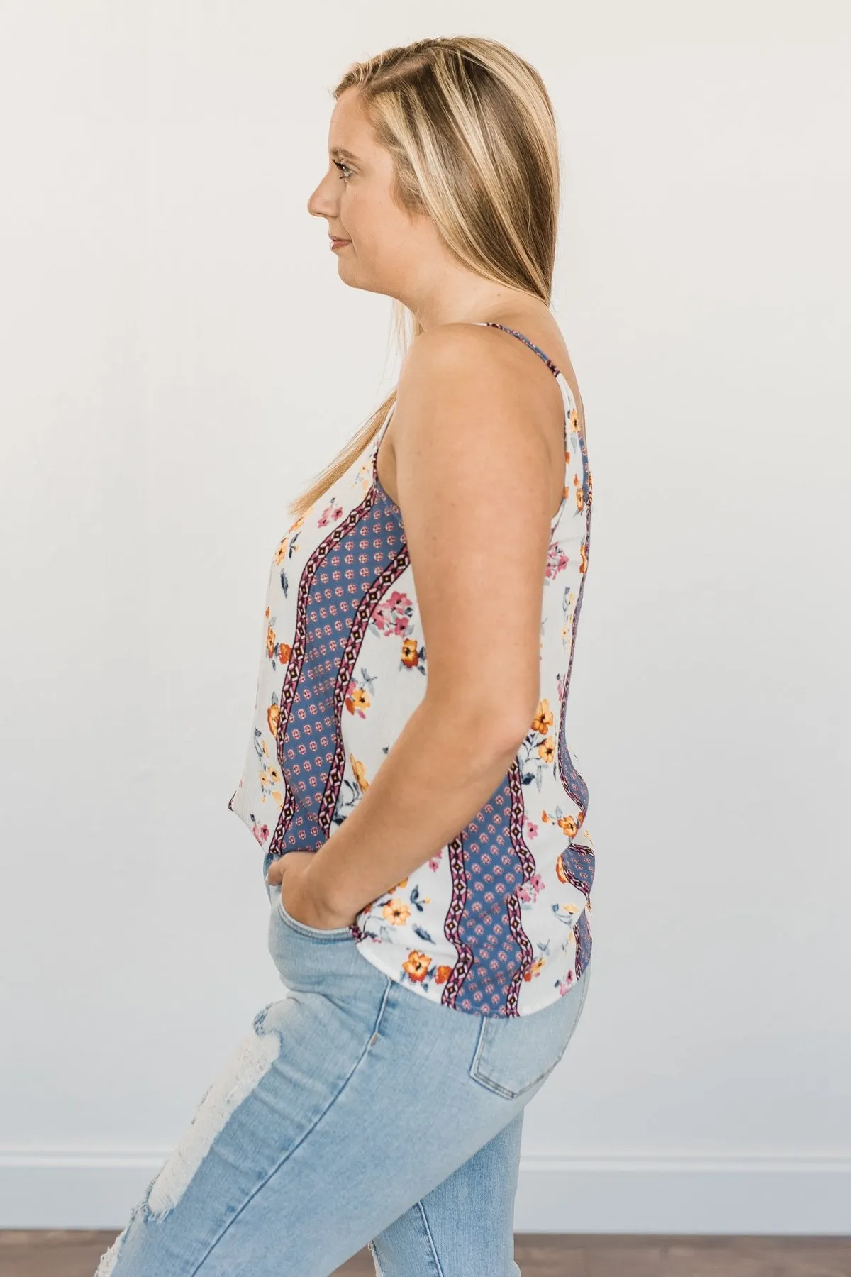 Until We Meet Again Printed Tank Top- Denim & Ivory