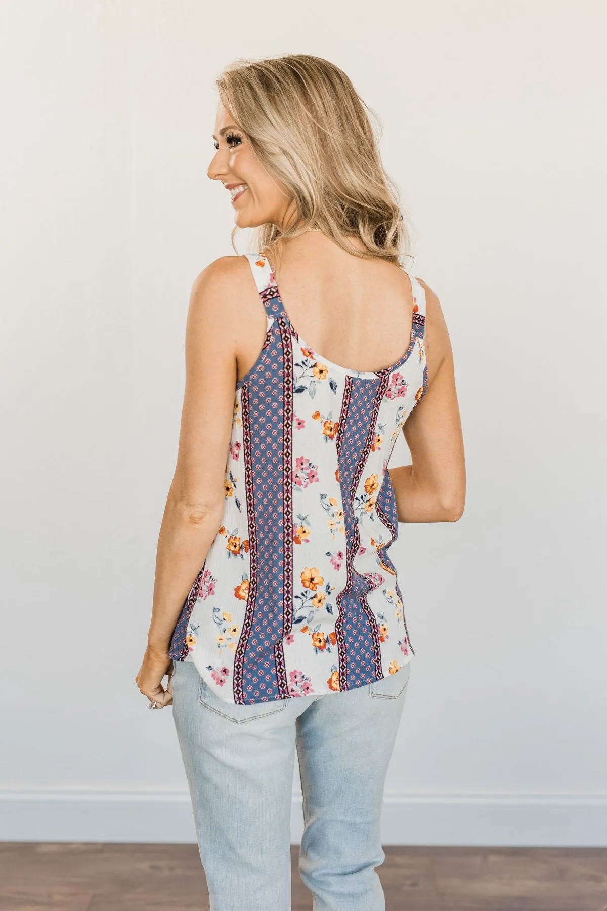 Until We Meet Again Printed Tank Top- Denim & Ivory