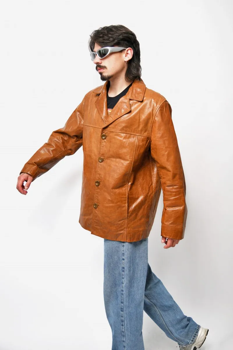 Vintage leather mid length coat