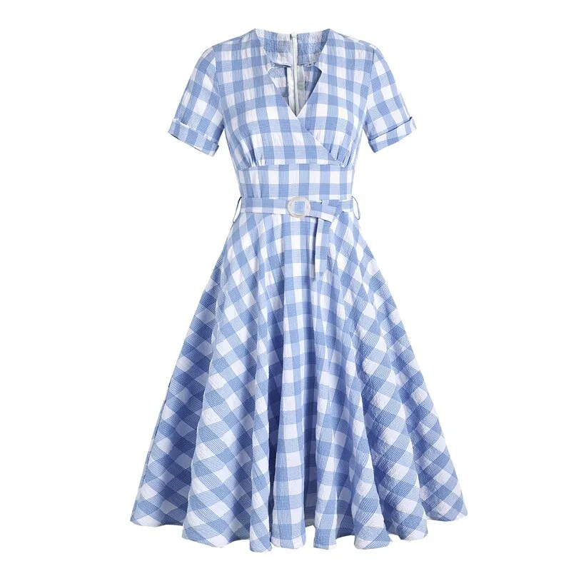 White and Blue Plaid V-Neck Short Sleeve Vintage A-Line High Waist Midi Dress with Belt